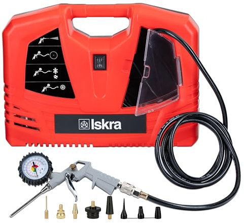 Iskra tragbarer Luftkompressor Auto, 180 l/min Druckluft Kompressor klein, Öl- und Wartungsfrei, 8 bar, 1100 Watt, mit Druckluftpistole und Aufsätzen