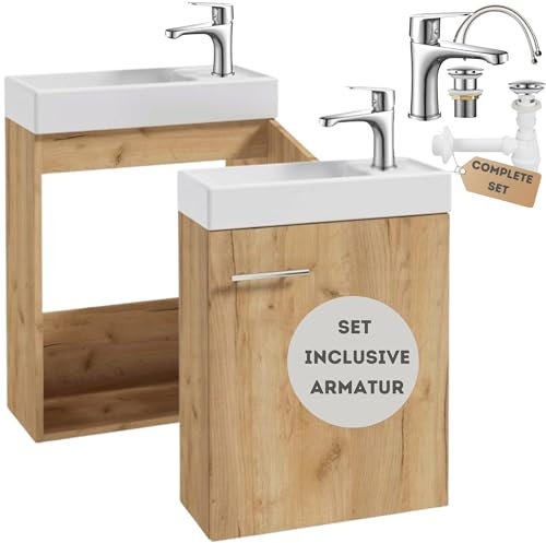 .Deftrans Waschtisch mit Unterschrank 50 x 70 x 21,3 cm – Badschrank Eiche, Hängeschrank mit Waschbecken und Armatur, modernes Badmöbel Set, schmaler Badezimmerschrank für stilvolle Badezimmer