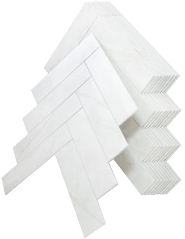 DEDECO 20 massive Klebefliesen Fischgräten-Optik, Farbe: Weiss, aus robustem Stein-Komposit (SPC) – selbstklebende Wandfliesen, wasserfest & pflegeleicht, ideal für Bad & Küche, Fliesenersatz
