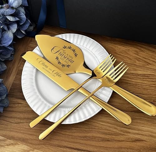 Custom Wedding Cake Cutting Set, Personalized Wedding Cake Knife and Server Set, Wedding Cake Cutting Set, 4pcs Cake Cake Set and Forks, Bridal Shower Gifts for Couples