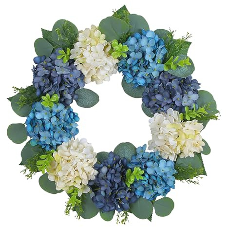 Hortensienkranz für die Haustür Blumenkränze Blumen groß 40,6 cm blau weiß zum Aufhängen Frühlings und Sommerkränze Bauernhauskranz Trockenblumen Basteln (Blue One Size)