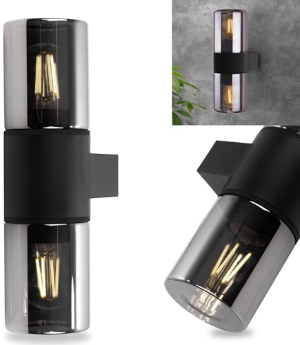 Lumiled Außenwandleuchte Up Down E27 Schwarz IP54 Outdoor Wandlampe Modern mit Rauchglas für Terrasse Garten Fassade Außenbeleuchtung spritzwassergeschützt