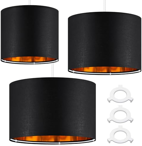 Weewooday 3 Stück schwarzer Lampenschirm für die Decke, moderner goldener Innen-Trommel-Lampenschirm mit E27 auf E14-Lampenschirm-Adapterring für Pendelleuchten, Tisch- oder Nachttisch-Bodenleuchten