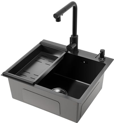 Fregadero de cocina negro, 45 x 50 cm, acero inoxidable, 1 lavabo con rebosadero, incluye grifo extraíble, escurridor y dispensador de jabón para armario inferior de 50 cm
