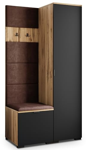 Masseno Flugarderoben Set Lori, Kleiderschrank-Set mit Sitzbank, Garderobenschrank Flur mit 3 Regalböden, Eiche Wotan/Schwarz