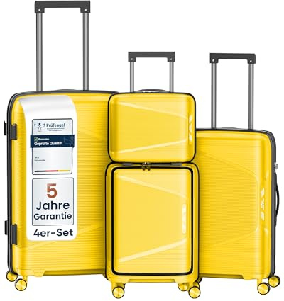 4FLY Leichter Hartschalen-Reisekoffer Set 4-teilig, Koffer Set mit TSA-Schloss, Doppelreißverschluss, Doppelrollen & Aluminium-Teleskopgriff, Reisegepäck Set - Beauty Case, Handgepäck & Aufgabegepäck