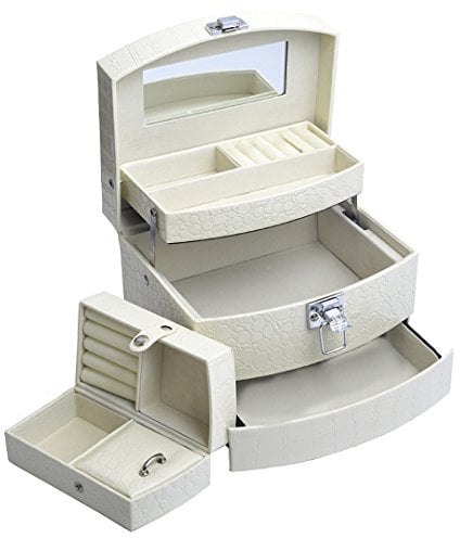 EYS Schmuckkoffer mit Spiegel Kunstleder Kroko-Optik weiß 3 Ebenen mit Mini-Schmuckbox 188 x 150 x 130 mm EYSBOX