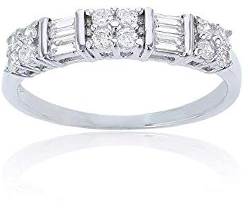 DECADENCE Ring aus Sterlingsilber, abwechselndes Baguette- und Rundschliff, Zirkonia, simulierter Diamant, makelloser VVS-Zirkonia, Größen 6–9, Hochzeitstagsring für Damen, Sterling Silber, Zirkonia