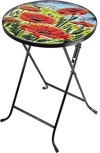 Folding Glass Garden Side Table Outdoor Patio Decking Hand-Painted Poppy Design