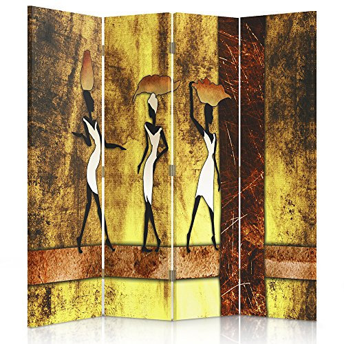 Feeby Frames. Raumteiler, Ggedruckten auf Canvas, Leinwand Wandschirme, dekorative Trennwand, Paravent beidseitig, 4 teilig (145x150 cm), Afrika, Frauen, KöRBE, GEFÄßE, STAMM, Streifen, GELB, BRAUN
