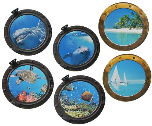alles-meine.de GmbH 6 TLG. XL Set: Wandtattoo/Sticker - Bullauge - Fenster Schiff - Delfin Schildkröten Delphin Fisch - Wandsticker Aufkleber Flugzeug Wandaufkleber Badezimmer ..