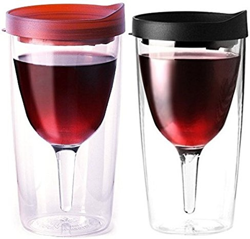 Vino2Go Double Wall Acrylic Tumbler with Merlot with Black Lids, 10 oz, Pack of 2