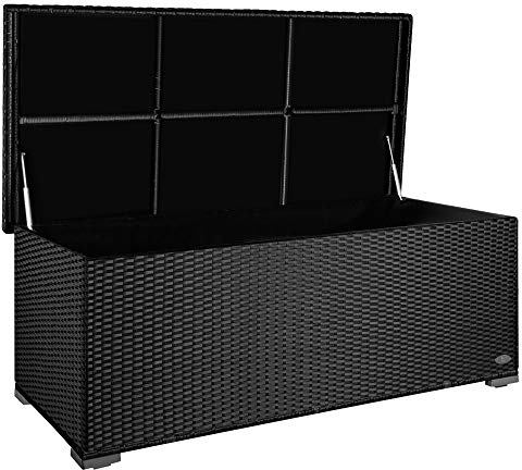 RS Trade® exclusive 'Sienna' 650l Polyrattan Garten Kissenbox aufbewahrungsbox wetterfest wasserdicht 155 x 73 x 60 cm, Auflagenbox mit verstärktem Deckel und Gasdruckfedern, als Sitztruhe, Schwarz