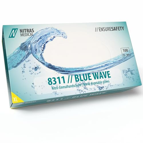 Nitras 8311 BLUE WAVE unsterile, medizinische, lebensmittelgeeignete Nitril-Einmalhandschuhe Farbe blau, puderfrei & latexfrei 100 Stück im Spenderkarton Größe XL