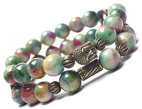 Frauen Boho Gipsy Doppel Armreif in natürlichen weißen Jade in grün, rot und weiß gefärbt