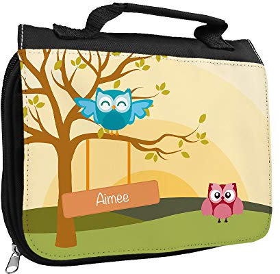 Kulturbeutel mit Namen Aimee und Eulen-Motiv mit Baum für Mädchen | Kulturtasche mit Vornamen | Waschtasche für Kinder