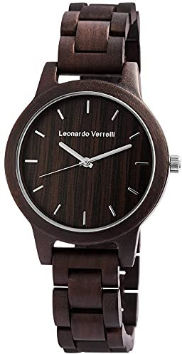 LEONARDO VERRELLI Herren-Uhr Holz Gliederarmband Faltschließe Analog Quarz 2800033 (Sandelholz Dunkelbraun)