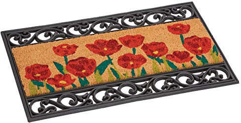 Dandy Wrought Iron Effect Rubber & Natural Coir Fibres Floral Poppy Door Mat (75cm x 45cm)