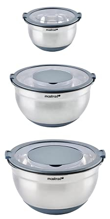 mastrad Bols INOX - Lot de 3 : ø 16 cm, 20 cm et 24 cm + Couvercle Transparent - Base Antidérapante en Silicone - Idéal pour la Préparation, Le Service et la Conservation des Aliments - Gris F29453