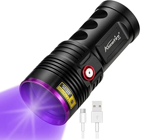 Alonefire H42UV 36W 365nm UV Taschenlampe USB Aufladbar Schwarzlicht Haustier Urin Detektor für Harzhärtung, Bernstein, Angeln, Geocaching, Skorpion mit Ladestation, UV Schutzbrille, 4 x Batterie