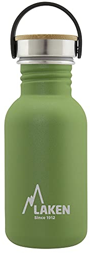 LAKEN Botella Agua Acero Inoxidable con Tapón Bamboo y Boca Ancha, (0,50L - Verde Oliva) - Reutilizable, Ideal para Montaña, Camping, Deportes y más