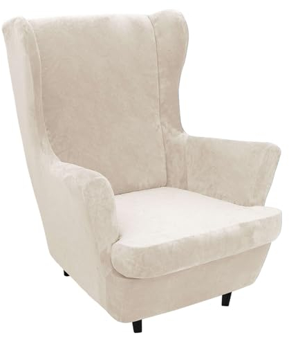 JHLD Samt Stretch Husse Für Ohrensessel, 2 Stück Husse Für Ohrensessel Elastische Sesselbezug Weiche Anti-rutsch Ohrensessel Schonbezug Abnehmbare Waschbar-Beige-Ohrensessel