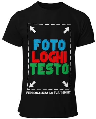 fashwork Maglietta Personalizzata Uomo Donna, T-Shirt Personalizzabile con Stampa Foto, Scritta o Logo Fronte Retro, Maglia Manica Corta in 100% Cotone per Regali Personalizzati Nera Taglia XL