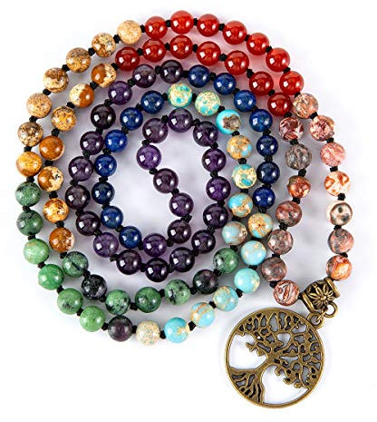 Farfume 7 Chakra 108 Mala Beads Bracelet Real Healing Gemstone Yoga Meditation Hand Knotted Mala Prayer Bead Necklace(Tree of Life - 6mm Beads)