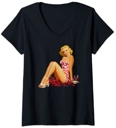Damen Vintage Retro Rockabilly und Pin Up Girls T-Shirt mit V-Ausschnitt