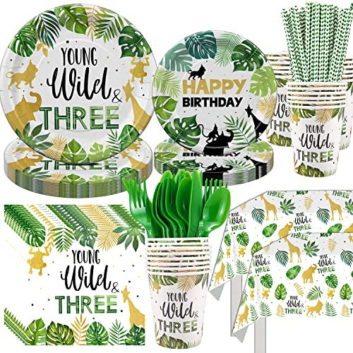 FVABO Young Wild And Three Decorations Tableware, Safari Jungle Theme 3rd Birthday Party Supplies Dinnerware Include Plates, Cup, Napkin, Cutlery, Tablecloth, For 3 Year Old Birthday Party | Serves 24