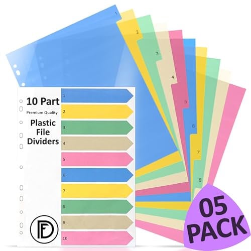DocFeedz [05 paquetes] Separadores de archivos de plástico, 10 partes A4 con papel de índice, separadores de carpetas de color pastel, A4 con agujeros preperforados, separadores de carpetas de anillas