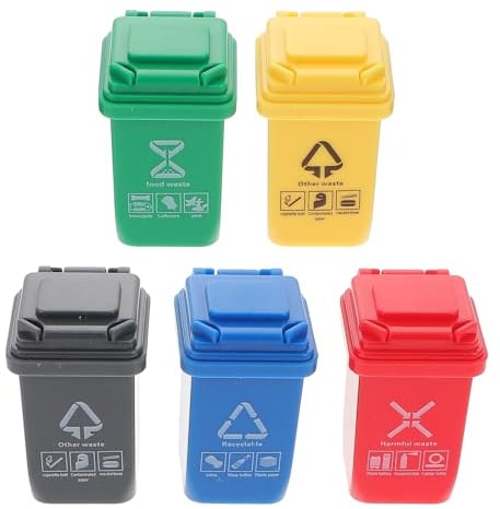 1:12 Scale Mini Wheelie Bin: 5Pcs Colourful Miniature Sorting Trash Can Model - Dollhouse Recycling Bin with Lids - Tiny Vehicle Garbage Cans Toy for Micro Scene Ornament, Random Style