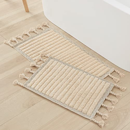 Lucky Brand Overtufted Cotton Fringe Badteppich mit Quasten, Baumwolle, Hellgrau, 2-Piece Set: 17x32/20x40, 2