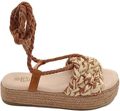 Sandali Zeppa Donna Beige Cuoio Corda di Canapa Suola in cordone e Gomma Moda Mykonos alla Schiava Gladiatore (37 EU)