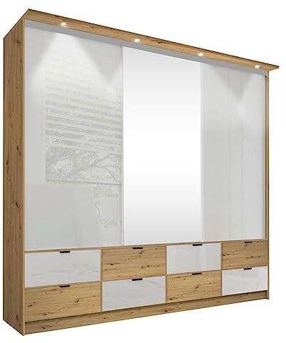 BETTSO - Kleiderschrank mit Spiegel - Schrank mit Schiebetüren und Schubladen - 250cm breit, 243 cm hoch - Garderobenschrank mit Kleiderstange, LED und Kleiderlift - Weiß Hochglanz & Holzoptik