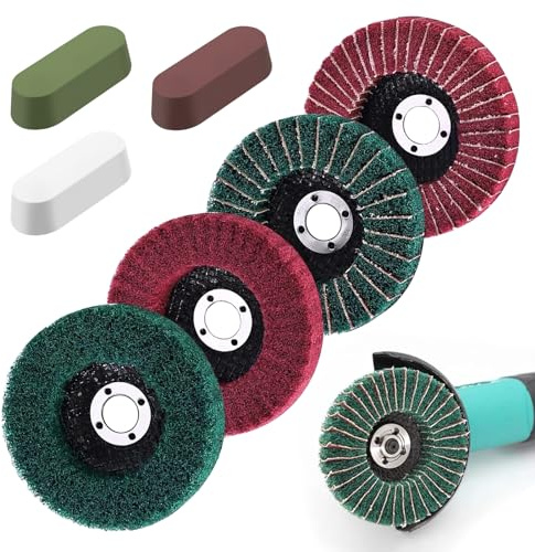 Waltool 7Pcs Red & Green Nylon Fiber Flap Discs with Buffer Polishing Cutting Compounds Set, 120 180 240 320 Grit Sanding Grinding Buffing Wheels for Angle Grinder Polishing Tools