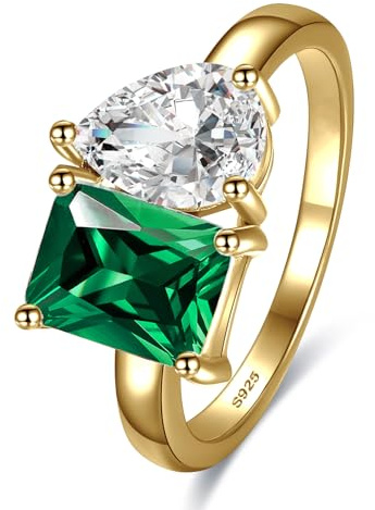Yaresul Toi Et Moi Ring 925 Sterling Silver Emerald Engagement Ring for Women Double Stone Ring Wedding Promise Cubic Zirconia Band Simulated Diamond Rings Size 7
