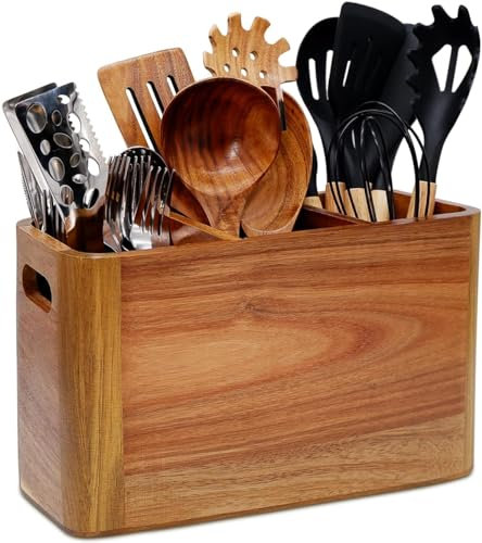 Küchenutensilienhalter aus Holz für Theke oder Arbeitsplatte, großer Utensilienhalter aus Holz zur Aufbewahrung von Kochen und Besteck mit 3 Fächern, Akazienholz, rustikaler Holzbehälter, extra groß