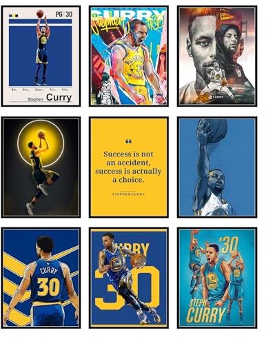 BigWig Prints Steph Curry Poster, Basketball-Poster für Jungenzimmer, NBA Golden State Warriors, Basketball-Wanddeko, Golden State-Schlafzimmerdeko, Set mit 9 Stück (ohne Rahmen, 20,3 x 25,4 cm)