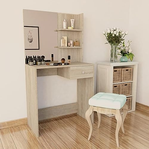 GuyAna Dressing Table with Large Rectangular Mirror, Vanity Table with Drawers and Open Compartments, Vanity Table, Modern Style,Dressing Table Chipboard 75x40x141 cm Oak
