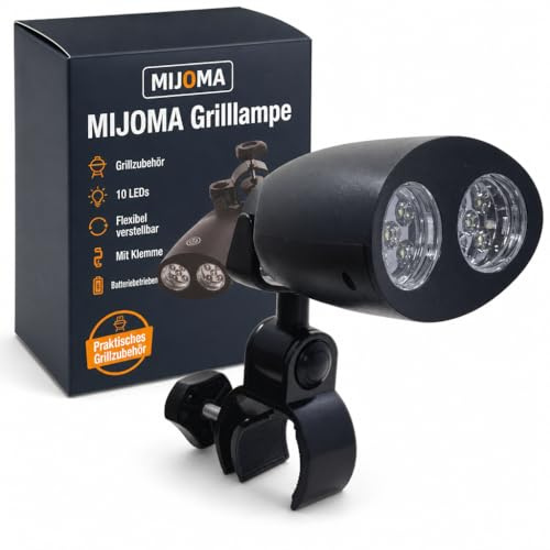 MIJOMA Robuste Grilllampe mit 10 Superhellen LEDs, 180° Flexibler Schwenkmechanismus, Praktische Touch-Schalter Funktion, einfache Anbringung dank C-Klemme - Das zweckmäßige Outdoor Grillzubehör
