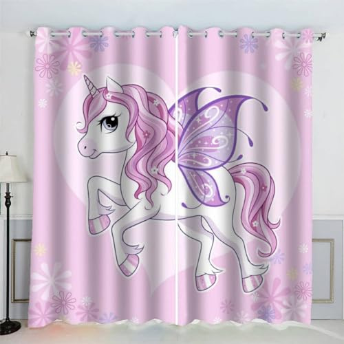 MEVASA Cartoon-Pferd Gardinen Jugendzimmer Jungen Mädchen 3D Vorhänge Pink Lila Verdunklungsvorhänge Kunst Chic Wohnzimmer Modern Home Dekoration 220 x 215 BxH