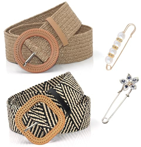 ZOCONE 2 Stück Flechtgürtel Damen Braun Schwarz Streifen, Taillengürtel Damen Mit 2 Taillenbefestigungsstifte, Mode Boho Gürtel Elastischer Gürtel Geflochtener für Kleider Taillengürtel Breit