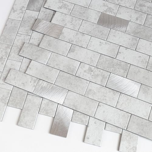 VAOVI Ziegelstein Mosaik 3D Selbstklebende Wandfliesen Aufkleber für Wand Bad WC Dusche Küche Fliesen Wandplatte Wasserdicht(10 Fliesen,Zement Grau)
