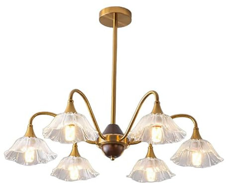 MODEBHD Deckenleuchten aus Gummiholz, moderne Luxus-Deckenlampe mit Blumenschirm aus klarem Glas, Kronleuchter aus Glas mit 6 Lichtern, goldene Deckenbeleuchtung für Schlafzimmer, Esszimmer, Wohnzimme