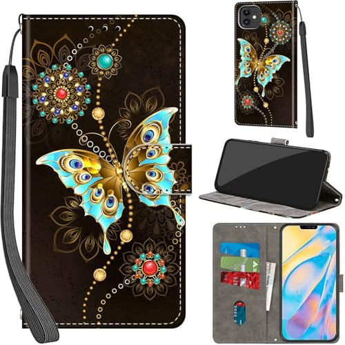 Haninsuze Case for iPhone 12/12 Pro 6.1-Inch, Green Butterfly | PU Leather, 3 Card Holder, Wallet Book Flip, Folio Stand View, Magnetic, Multi-Pattern Cover, Lanyard Strap