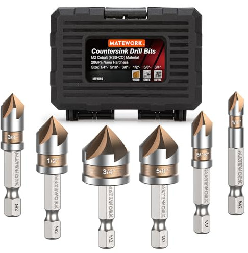 Countersink Drill Bit Set, M2 Cobalt HSS Countersink Drill Bits 6 Pieces 1/4 Inch Quick Change Hex Shank for Metal, Wood, Stainless Steel, Carbon Steel