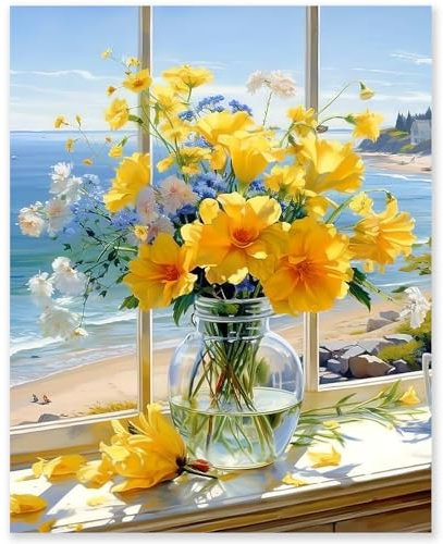 gelrovaled Pintar por Numeros Adultos, DIY Pintura por Números, Kit de Pintura al óleo de Lienzo DIY para con Pinceles, Pigmento Acrílico 40 x 50cm, Coastal flowers