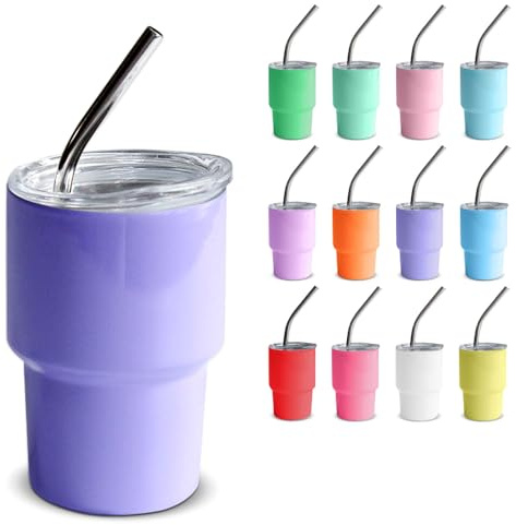 GHKLNY Mini-Schnapsgläser mit Deckel und Strohhalmen, lustige Mini-Schnapsgläser, farbige Edelstahlbecher für Hochzeit, Party, Whiskey, Cocktailbar, 150 ml, Hellviolett