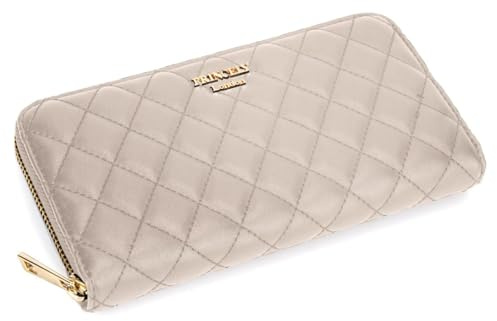 Princely London Geldbörse Emilia Cappuccino/Braun – Große Damen-Geldbörse aus veganem Leder in stilvollem Beige – mit Reißverschluss und Kartenfächern